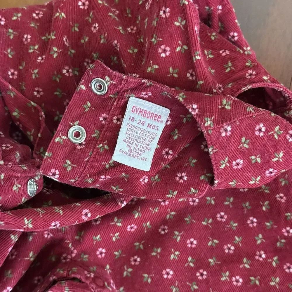 Y2K GYMBOREE TODDLER GIRLS MAROON CORDUROY FLORAL BUBBLE ROMPER OVERALLS 18-24M
